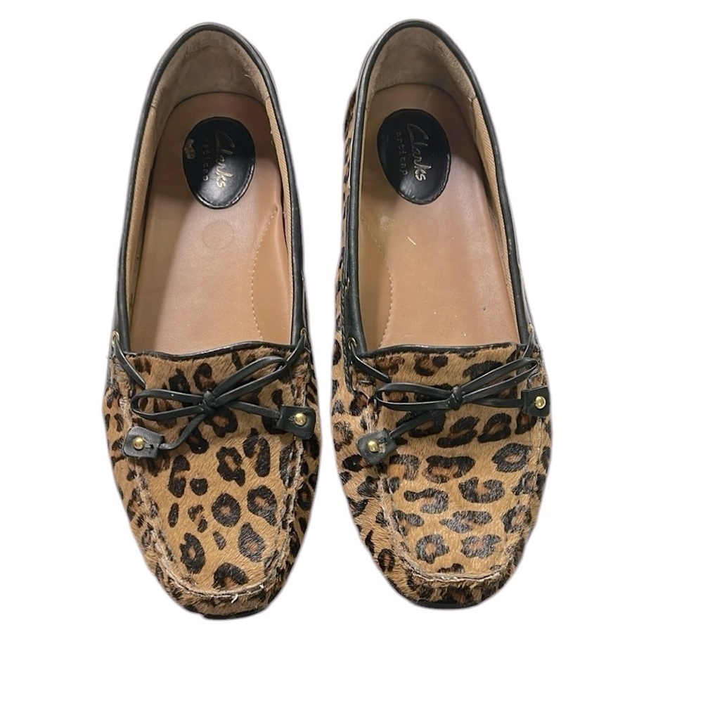 Clarks Brown and Black Calf Hair Leopard Loafers - Picture 2 of 6
